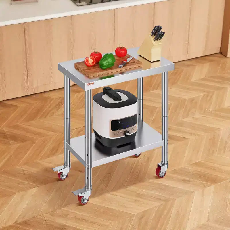Table de Travail en Acier Inoxydable VEVOR 30 x 18 x 34 Pouces, Capacité de Charge 317,5 kg avec 4 Roues, 3 Niveaux de Hauteur Réglables, Argent