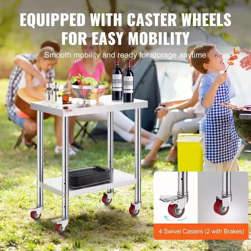 Table de Travail en Acier Inoxydable VEVOR 30 x 18 x 34 Pouces, Capacité de Charge 317,5 kg avec 4 Roues, 3 Niveaux de Hauteur Réglables, Argent