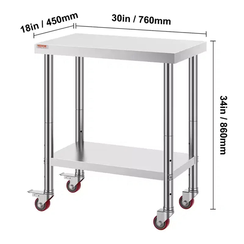 Table de Travail en Acier Inoxydable VEVOR 30 x 18 x 34 Pouces, Capacité de Charge 317,5 kg avec 4 Roues, 3 Niveaux de Hauteur Réglables, Argent