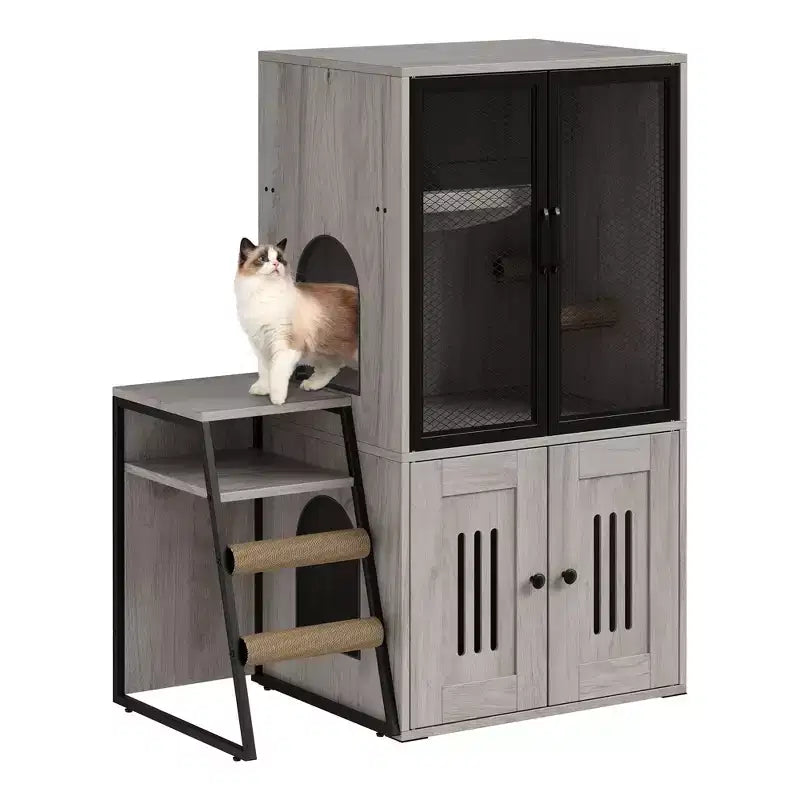 Meuble de litière pour chat GustomWave, armoire double cachée 2 en 1 avec bac à litière fermé et échelle, meuble pour chat en bois