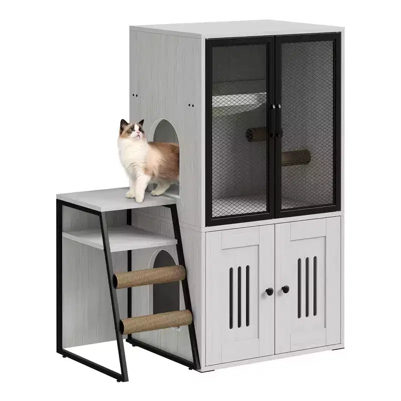 Meuble de litière pour chat GustomWave, armoire double cachée 2 en 1 avec bac à litière fermé et échelle, meuble pour chat en bois