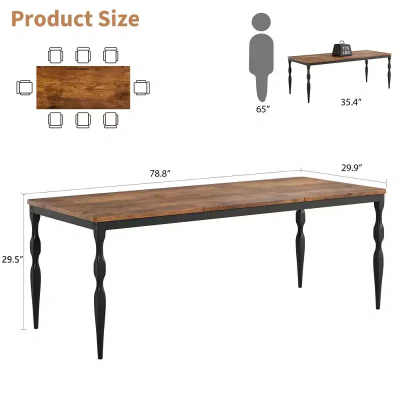 Table de salle à manger rectangulaire Senfot de 180 cm pour 8 personnes, table de cuisine rustique de style ferme avec grand plateau, longue table de salle à manger en bois avec pieds robustes