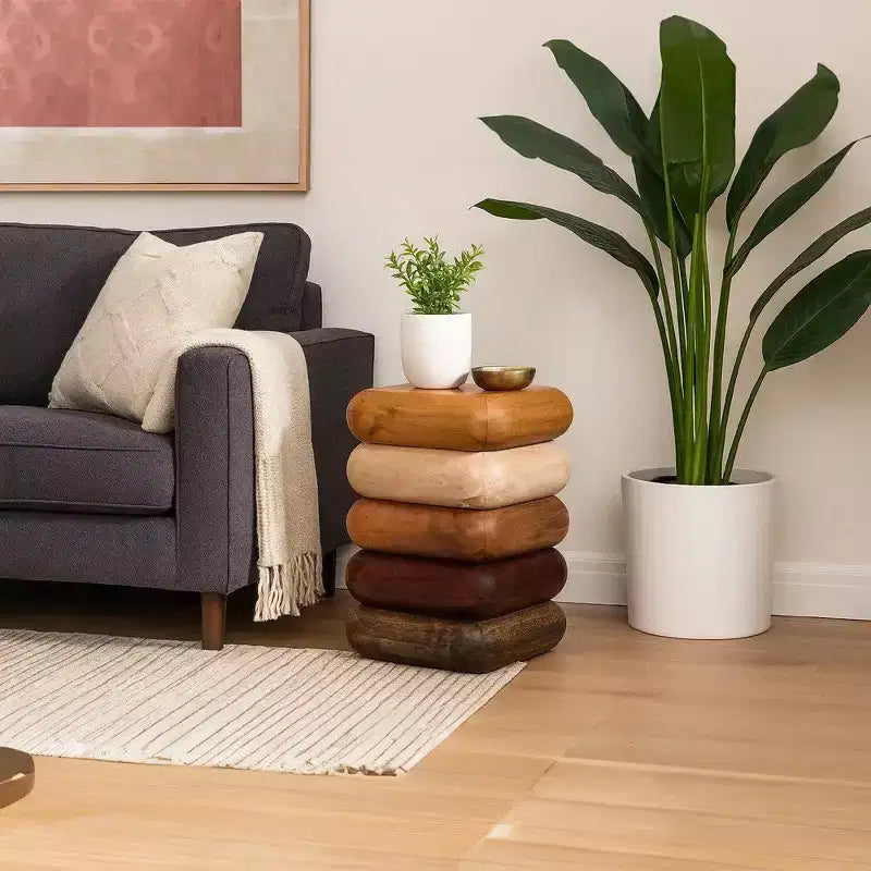 Royal Hampton 18 Inch Side End Table, Sculptural Stacked Design, Mango and Acacia Wood