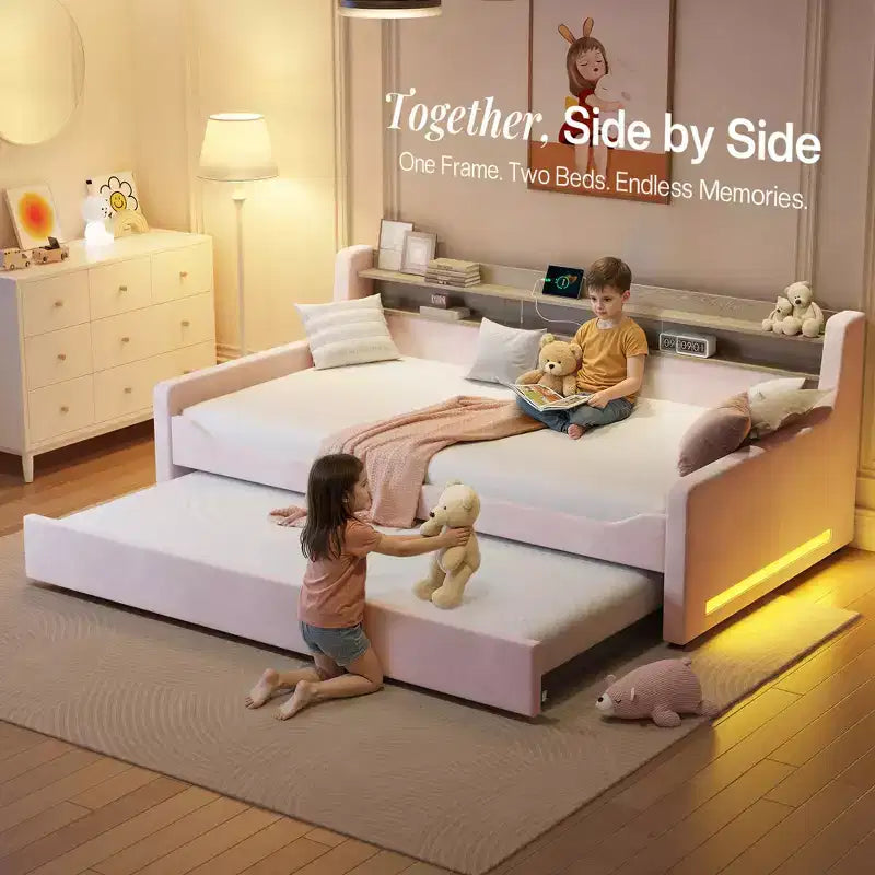 Lit de repos double AMERLIFE avec lit gigogne, lit rembourré avec tête de lit de rangement, LED et station de recharge, cadre d'angle en velours pour chambre à coucher/chambre d'amis