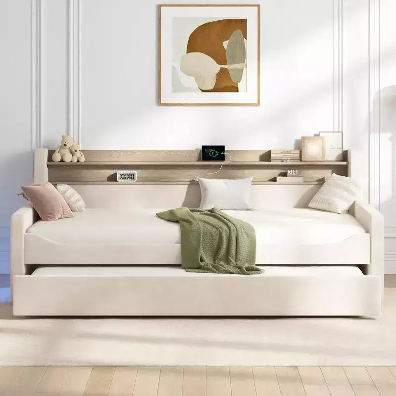 Lit de repos double AMERLIFE avec lit gigogne, lit rembourré avec tête de lit de rangement, LED et station de recharge, cadre d'angle en velours pour chambre à coucher/chambre d'amis