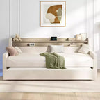 Lit de repos double AMERLIFE avec lit gigogne, lit rembourré avec tête de lit de rangement, LED et station de recharge, cadre d'angle en velours pour chambre à coucher/chambre d'amis