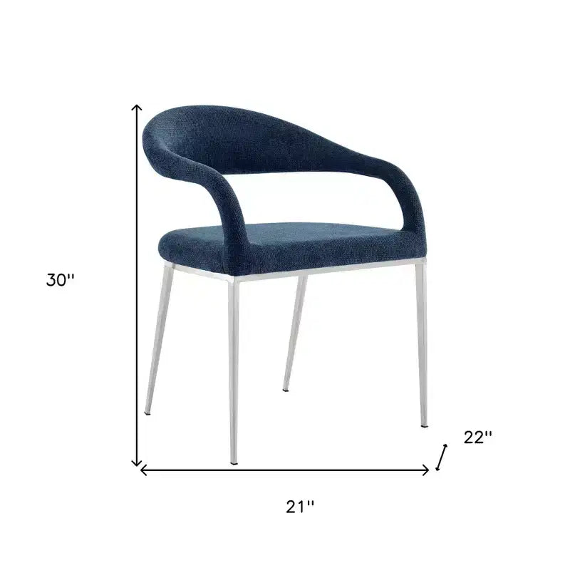 HomeRoots Lot de deux chaises de salle à manger avec accoudoirs, dossier ouvert, en polyester capitonné, bleu et argent