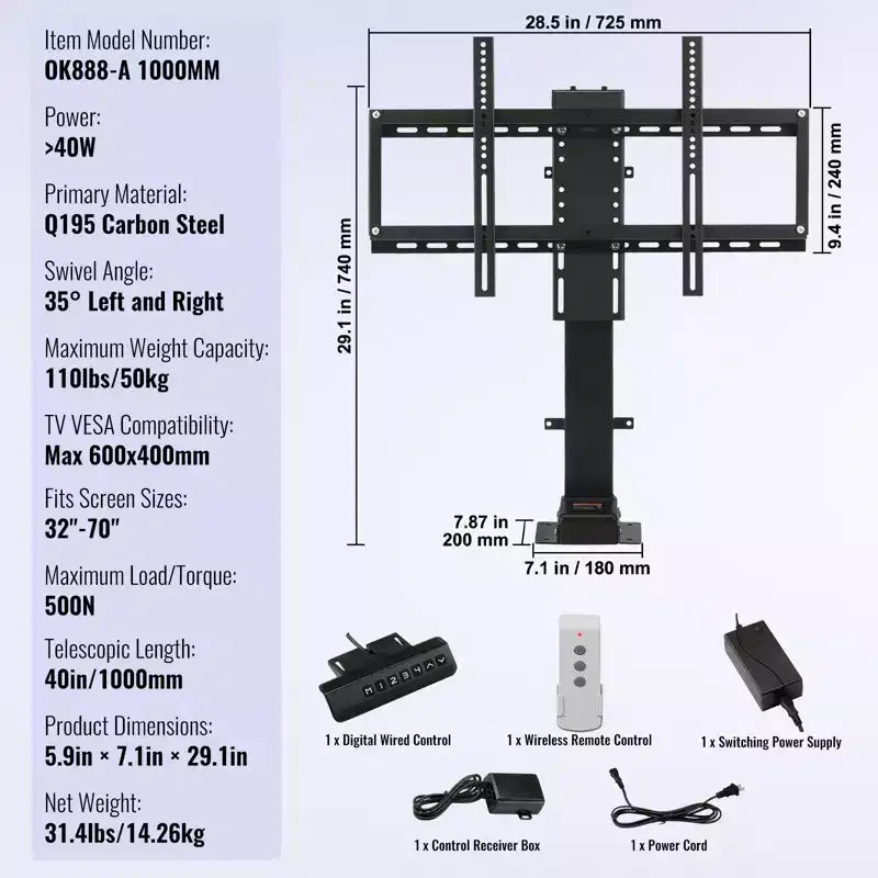 Support TV motorisé VEVOR avec pivot, hauteur réglable 73-173 cm pour téléviseurs 32-70 pouces, télécommandé, capacité 70 kg, noir