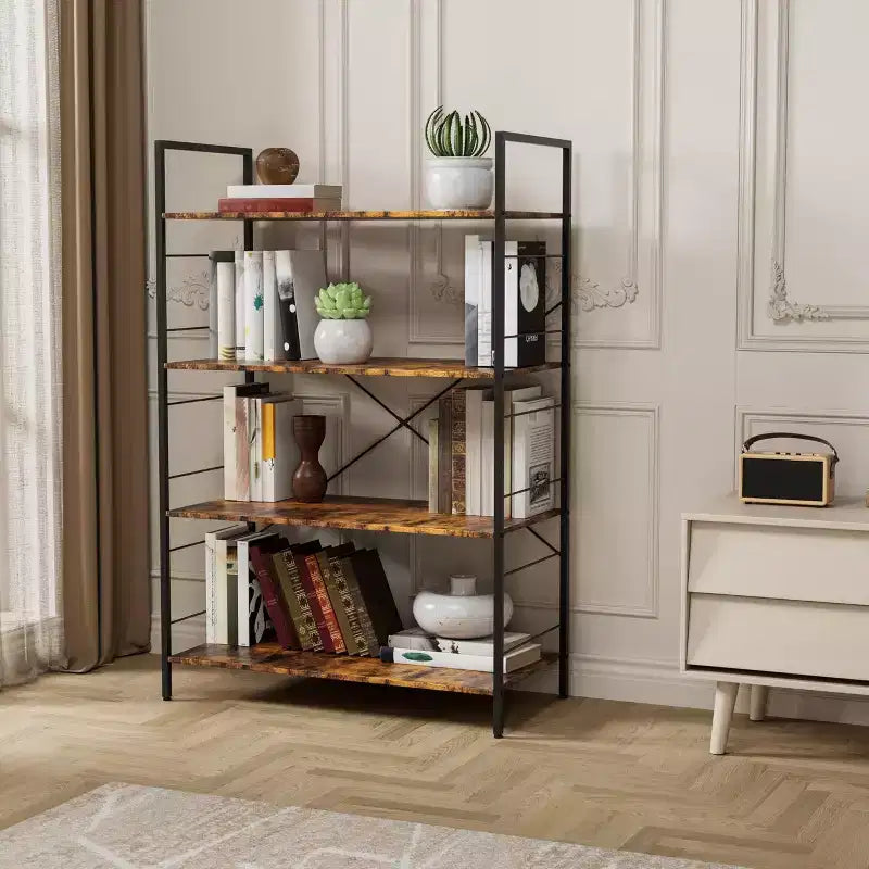Étagère à 4 niveaux, grande bibliothèque avec cadre en acier, étagères industrielles pour bureau à domicile, salon, étagère rustique pour l'organisation et le rangement