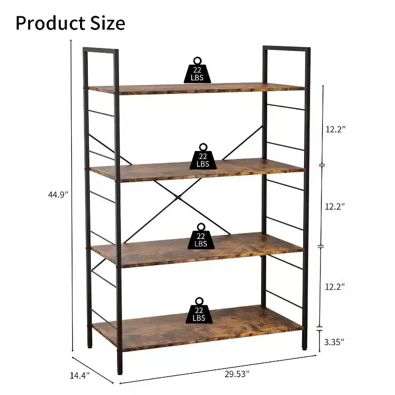 Étagère à 4 niveaux, grande bibliothèque avec cadre en acier, étagères industrielles pour bureau à domicile, salon, étagère rustique pour l'organisation et le rangement