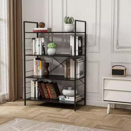 Étagère à 4 niveaux, grande bibliothèque avec cadre en acier, étagères industrielles pour bureau à domicile, salon, étagère rustique pour l'organisation et le rangement