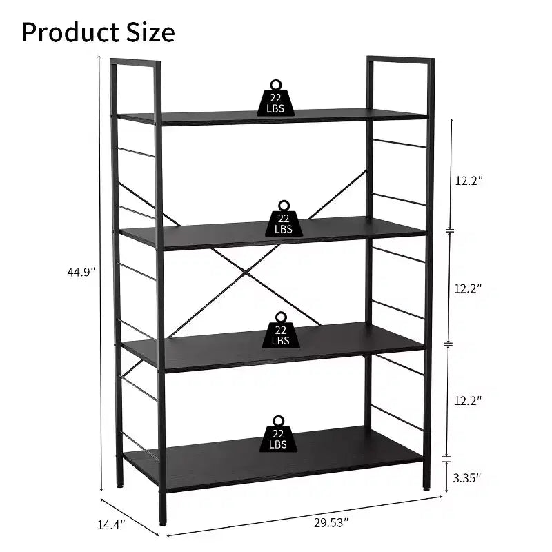 Étagère à 4 niveaux, grande bibliothèque avec cadre en acier, étagères industrielles pour bureau à domicile, salon, étagère rustique pour l'organisation et le rangement