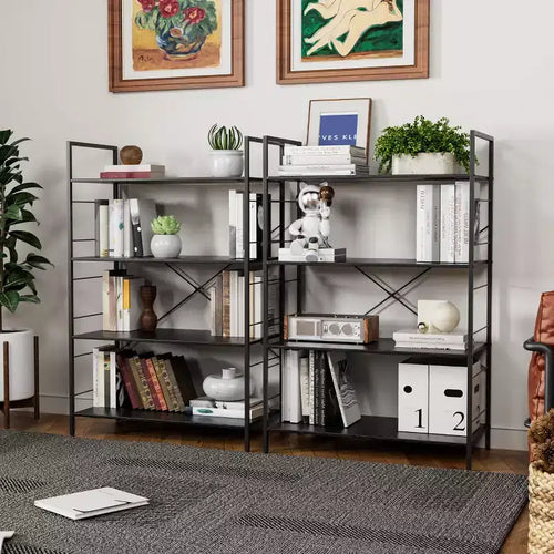 4 Tier Bookshelf, Large Bookcase with Steel Frame, Industrial Book Shelves for Home Office, Living Room, Rustic Book Shelf Organization and Storage