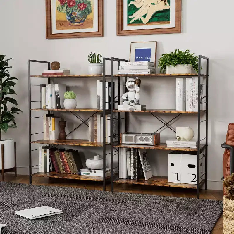 Étagère à 4 niveaux, grande bibliothèque avec cadre en acier, étagères industrielles pour bureau à domicile, salon, étagère rustique pour l'organisation et le rangement