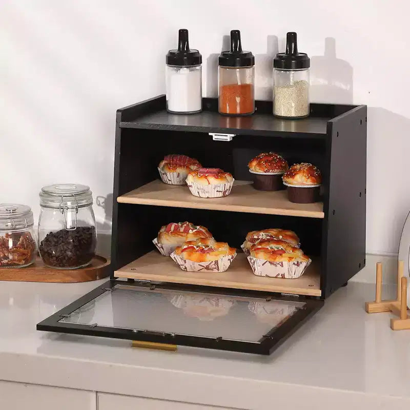 Farmhouse Bread Box - Double Layer Bamboo Storage with Window for Countertop, Holds Bread & Baked Goods