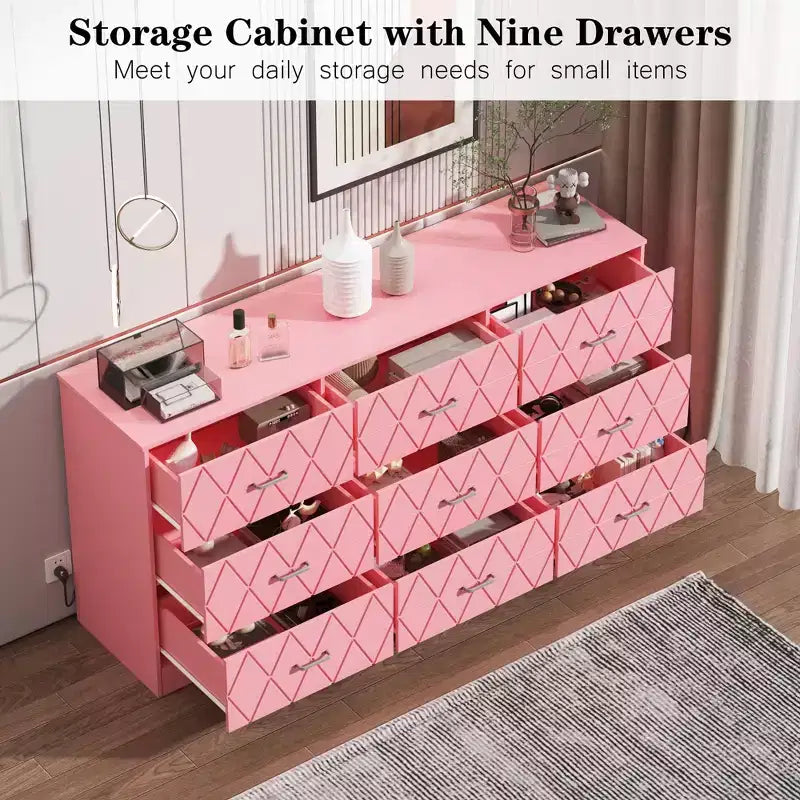 Commodes à 9 tiroirs, grande commode moderne pour chambre à coucher, longue commode en bois à 9 tiroirs, commode de rangement pour chambre à coucher, salon