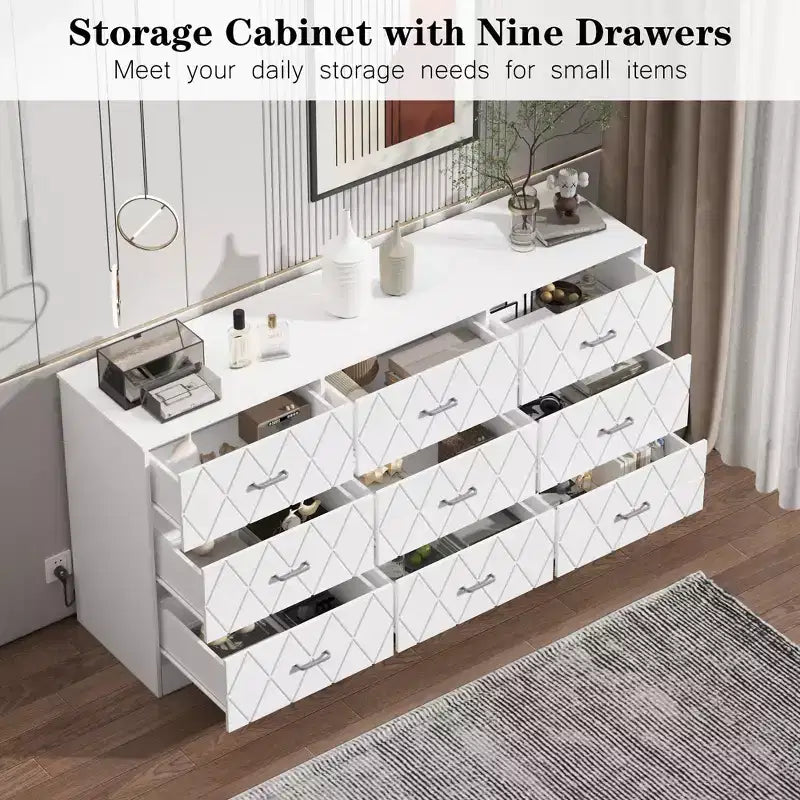 Commodes à 9 tiroirs, grande commode moderne pour chambre à coucher, longue commode en bois à 9 tiroirs, commode de rangement pour chambre à coucher, salon