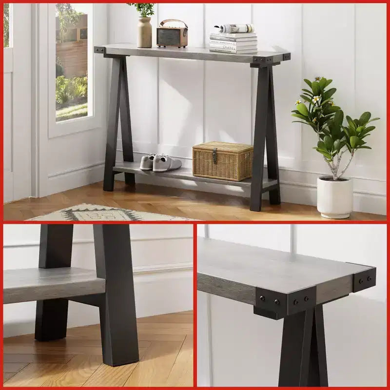 Console - Table d'entrée - Console étroite de 110 cm de style ferme avec rangement, table de canapé à 2 niveaux avec cadre en métal et MDF