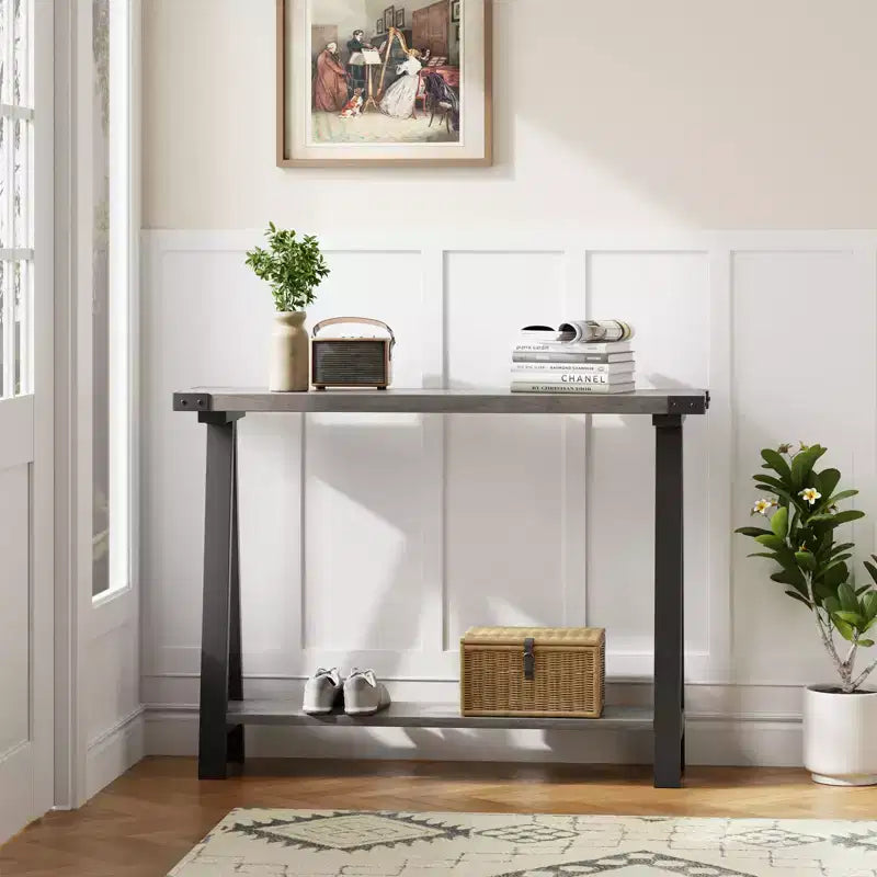 Console - Table d'entrée - Console étroite de 110 cm de style ferme avec rangement, table de canapé à 2 niveaux avec cadre en métal et MDF