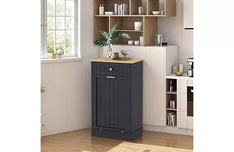 COZONY Wood Trash & Recycling Cabinet with Hideaway Drawer  Pet-Proof Freestanding Kitchen Bin Holder, Space-Saving Design