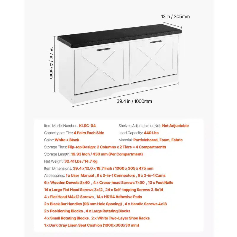 Banc de rangement pour chaussures d'entrée VEVOR, organiseur de chaussures avec tiroirs basculants de 100 x 30,5 x 47,5 cm, banc porte-chaussures étroit de 200 kg, noir + blanc