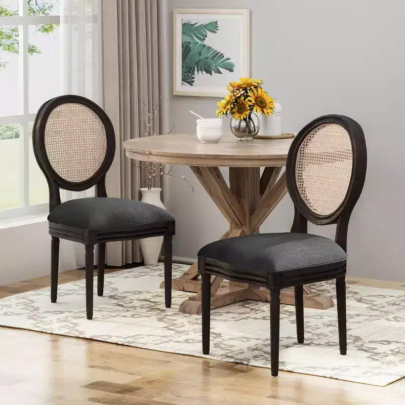 GDFStudio Towner French Country Fabric Upholstered Wood and Cane Dining Chairs (Set of 2)