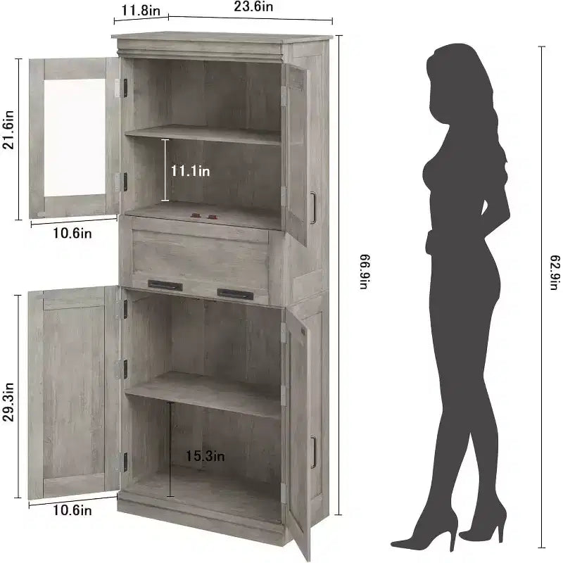 Armoire de rangement haute Acekool avec double portes, étagères réglables et tiroir, accent en verre pour salle de bain, salon, cuisine