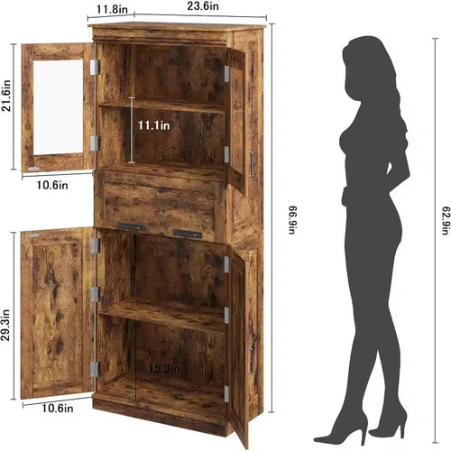 Armoire de rangement haute Acekool avec double portes, étagères réglables et tiroir, accent en verre pour salle de bain, salon, cuisine