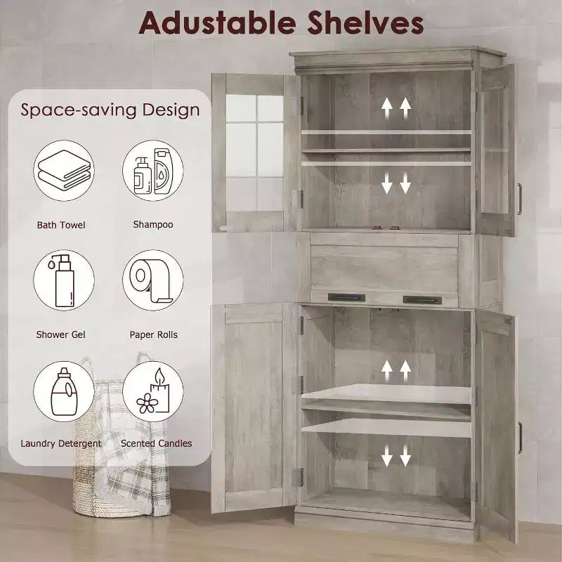 Armoire de rangement haute Acekool avec double portes, étagères réglables et tiroir, accent en verre pour salle de bain, salon, cuisine