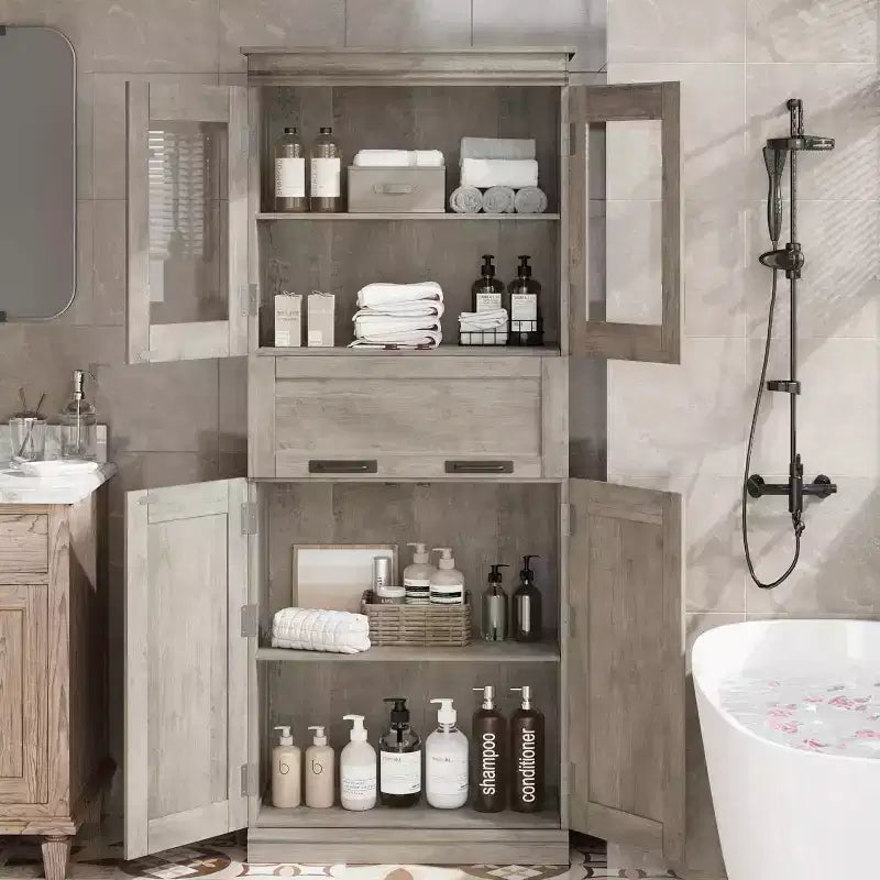 Armoire de rangement haute Acekool avec double portes, étagères réglables et tiroir, accent en verre pour salle de bain, salon, cuisine