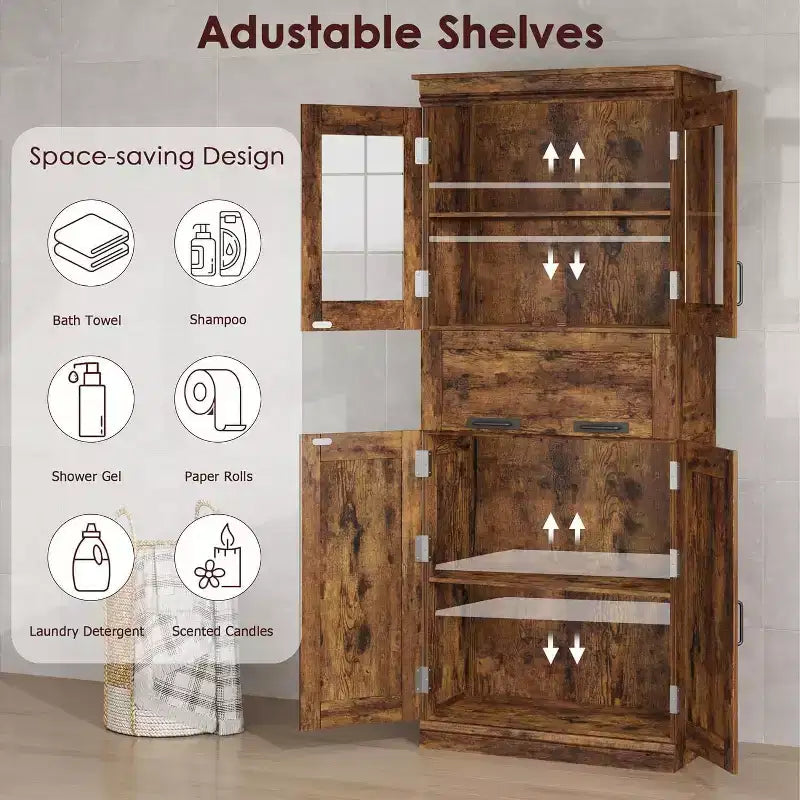 Armoire de rangement haute Acekool avec double portes, étagères réglables et tiroir, accent en verre pour salle de bain, salon, cuisine
