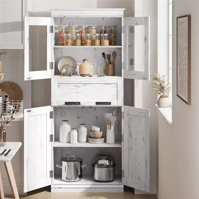 Armoire de rangement haute Acekool avec double portes, étagères réglables et tiroir, accent en verre pour salle de bain, salon, cuisine