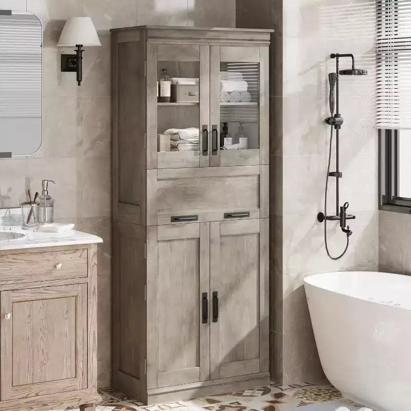 Armoire de rangement haute Acekool avec double portes, étagères réglables et tiroir, accent en verre pour salle de bain, salon, cuisine