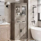 Armoire de rangement haute Acekool avec double portes, étagères réglables et tiroir, accent en verre pour salle de bain, salon, cuisine