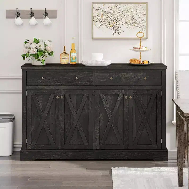 Okak Buffet/bahut vintage, meuble de rangement avec 4 portes et 2 tiroirs, meuble de bar à café pour cuisine, salon, chambre