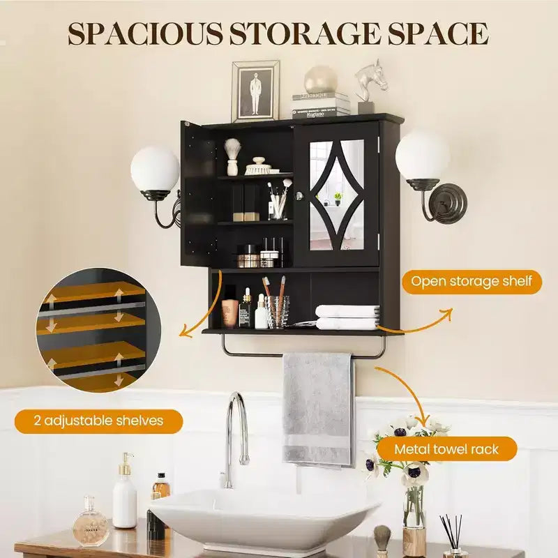 Meuble de salle de bain RoyalCraft, armoire murale de rangement avec miroir, porte-serviettes et étagères réglables pour salle de bain, buanderie, noir