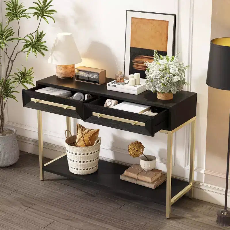 MAYEERTY Table console avec deux tiroirs Design géométrique rétro saisissant pour le salon Noir