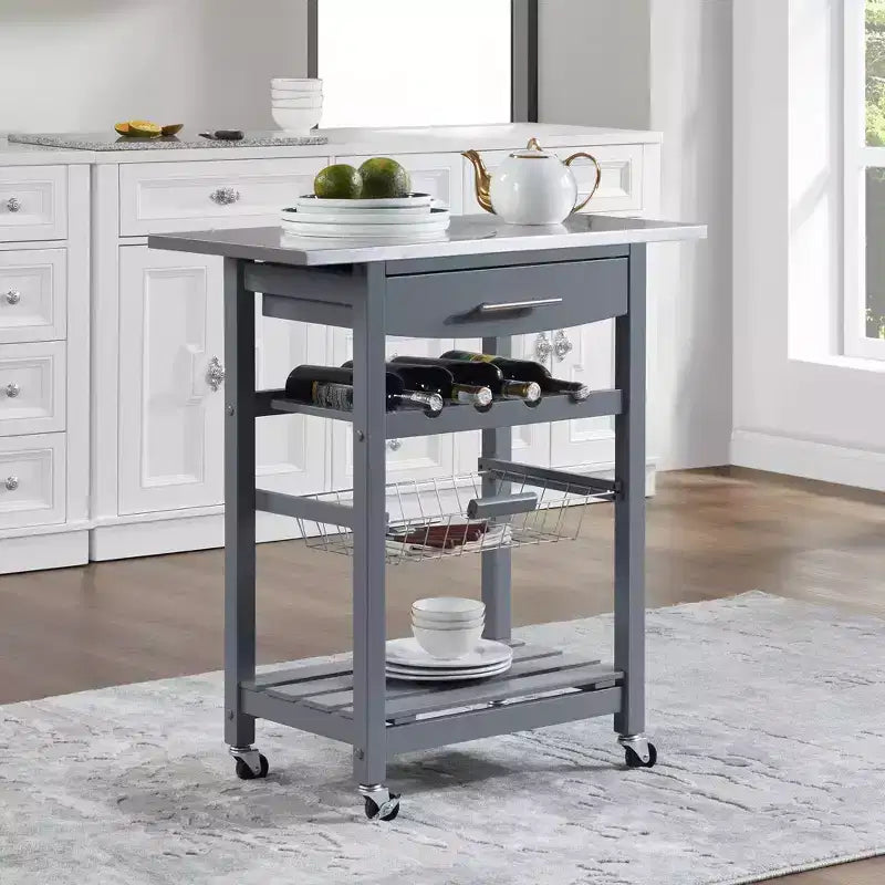 30Mobile Îlot de Cuisine Roulant Chariot de Service avec Tiroir Inférieur et Panier de Rangement Coulissant en Fil de Fer