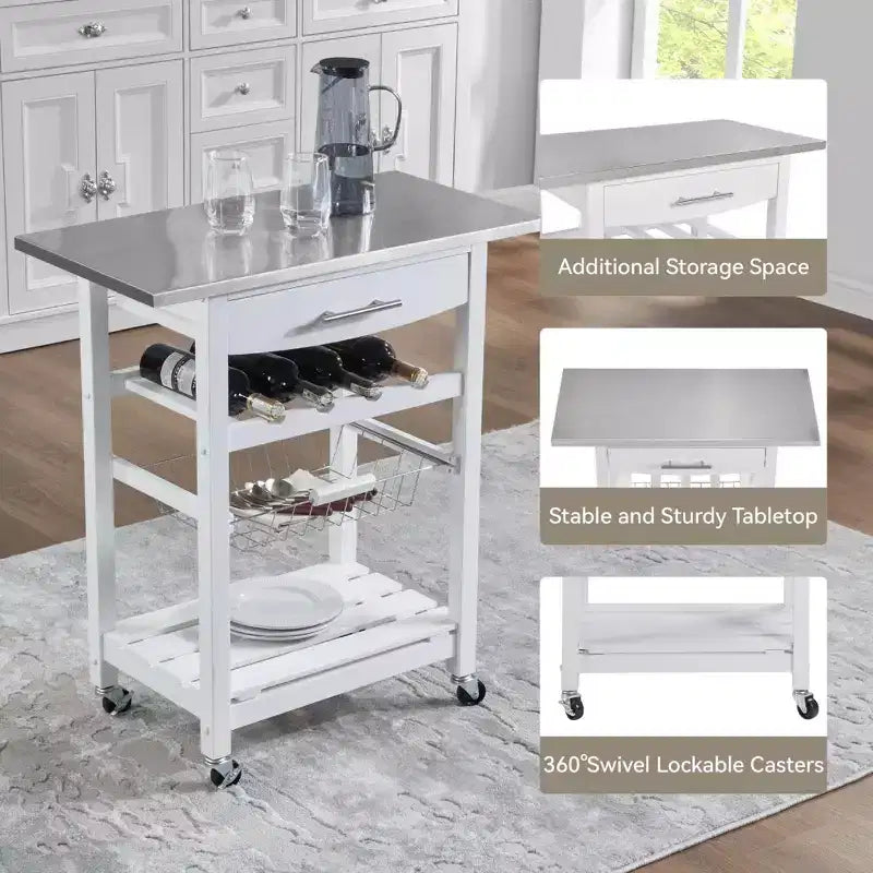 30Mobile Îlot de Cuisine Roulant Chariot de Service avec Tiroir Inférieur et Panier de Rangement Coulissant en Fil de Fer