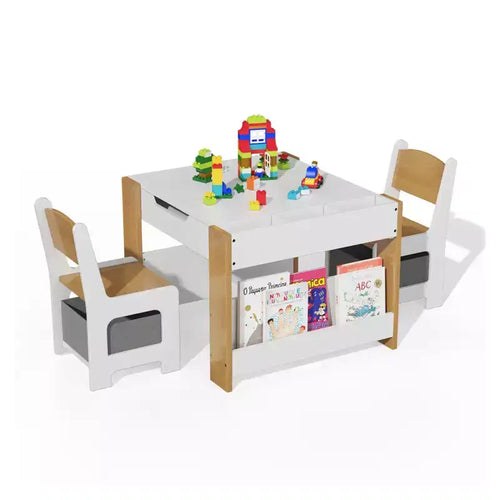 4-in-1 Activity Table Set with Detachable Tabletop, Table Set with Drawers and Bookshelf, Multifunctional Toddler Furniture for Drawing, Reading