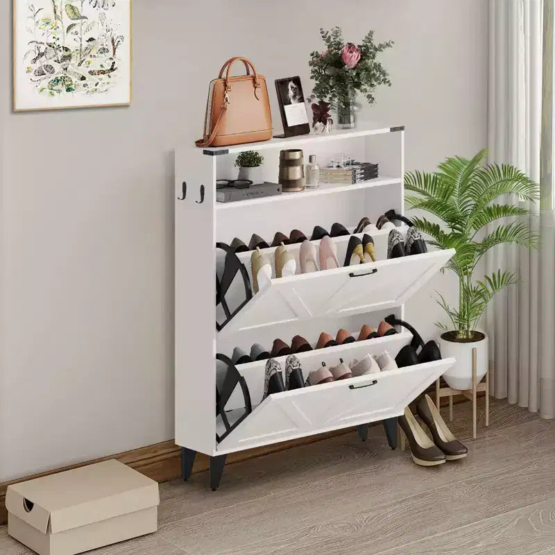 Meuble à chaussures avec 2 tiroirs basculants, meuble de rangement pour chaussures autoportant avec étagères ouvertes, meuble à chaussures étroit et dissimulé pour entrée et couloir