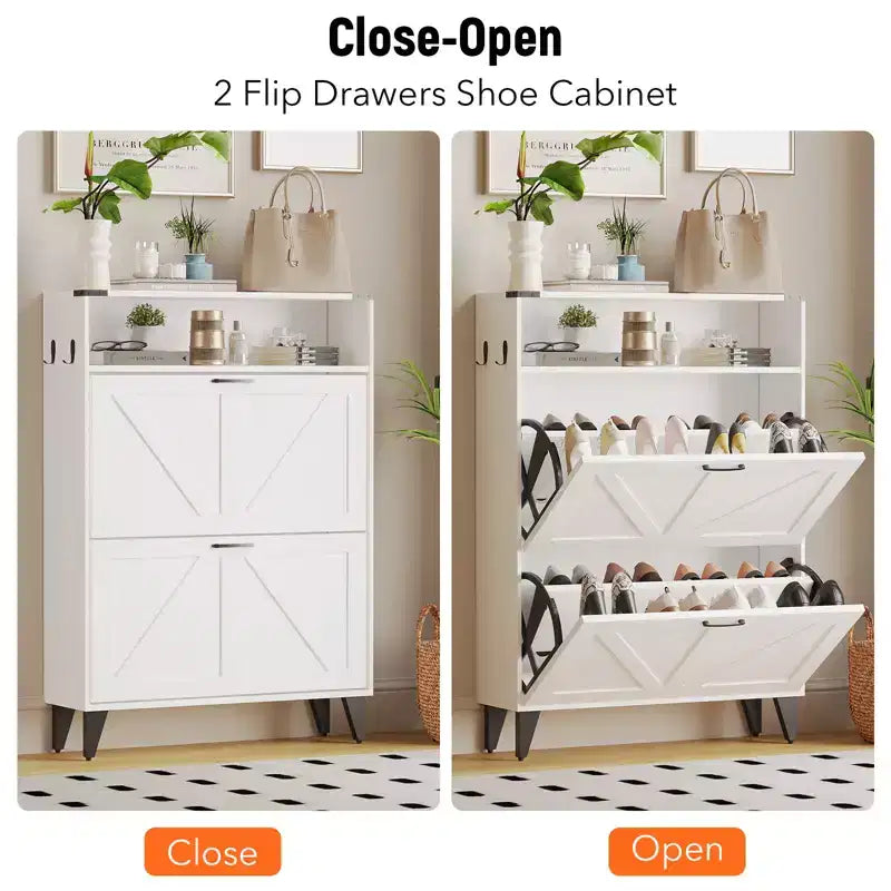 Meuble à chaussures avec 2 tiroirs basculants, meuble de rangement pour chaussures autoportant avec étagères ouvertes, meuble à chaussures étroit et dissimulé pour entrée et couloir