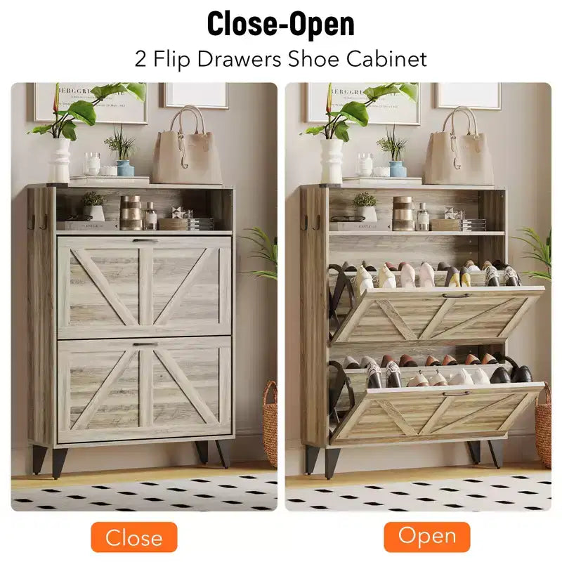 Meuble à chaussures avec 2 tiroirs basculants, meuble de rangement pour chaussures autoportant avec étagères ouvertes, meuble à chaussures étroit et dissimulé pour entrée et couloir