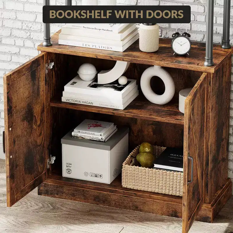 Étagère avec portes, bibliothèque industrielle de 73,6 po - Étagère de rangement à 4 niveaux en bois et métal pour salon, bureau