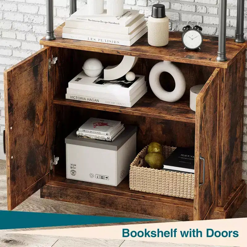 Étagère avec portes, bibliothèque industrielle de 73,6 po - Étagère de rangement à 4 niveaux en bois et métal pour salon, bureau