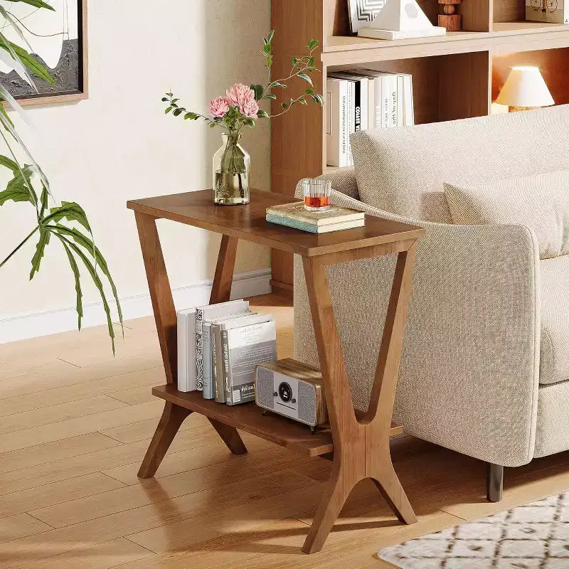 Table d'appoint Lantine à 2 niveaux en bois massif, table d'appoint avec étagères de rangement et pieds robustes, pour petits espaces, chambre, appartement