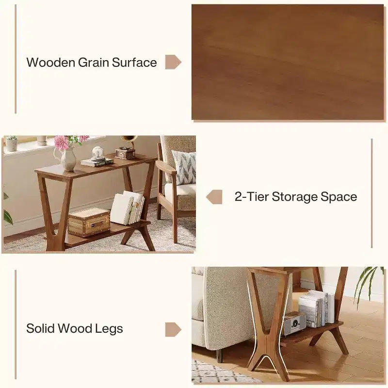 Table d'appoint Lantine à 2 niveaux en bois massif, table d'appoint avec étagères de rangement et pieds robustes, pour petits espaces, chambre, appartement