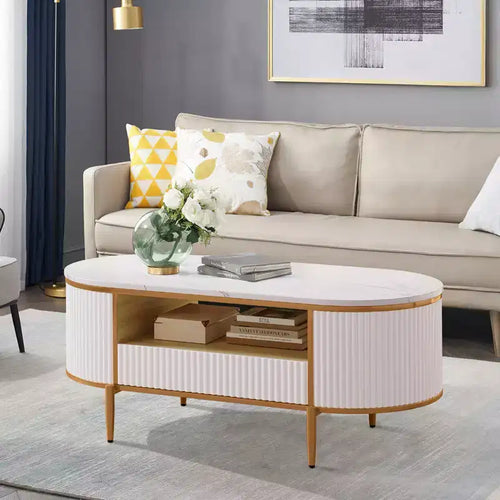 48'' Modern Faux Marble Top Oval Coffee Table with Drawer , Curved Profile Center Table with Storage
