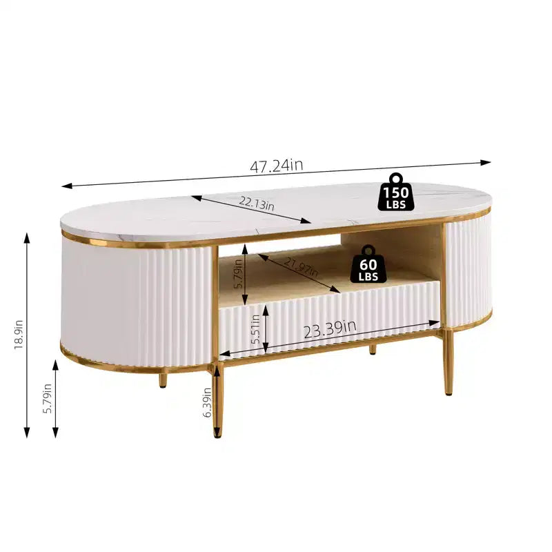 Table basse ovale moderne de 122 cm avec plateau en faux marbre et tiroir, table basse avec rangement et profil incurvé