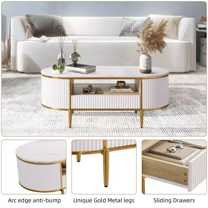 Table basse ovale moderne de 122 cm avec plateau en faux marbre et tiroir, table basse avec rangement et profil incurvé